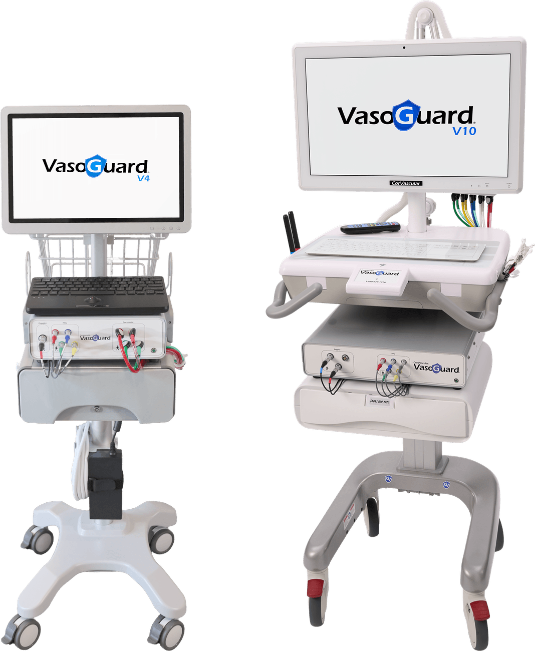 VasoGuard V4 and V10 physiologic vascular testing systems on height adjustable carts