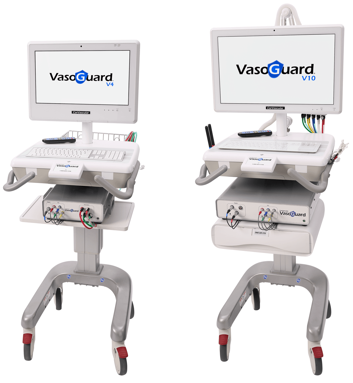 VasoGuard V4 and V10 physiologic vascular testing systems on height adjustable carts