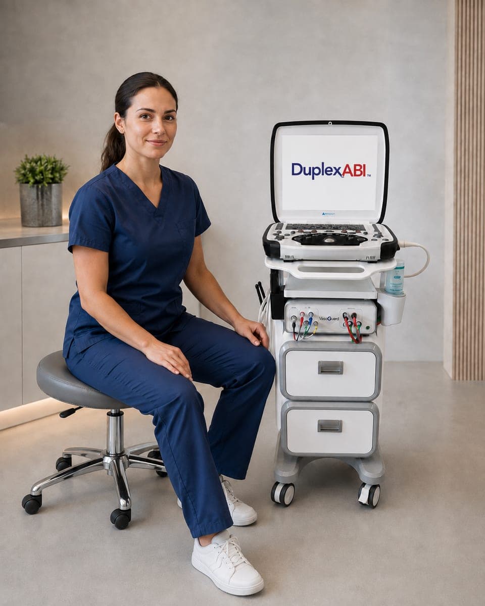 Clinician seated at the DuplexABI H3 cart in an exam room