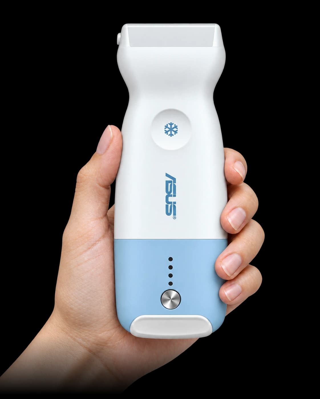 ASUS LU800 linear handheld ultrasound probe held securely in a natural hand grip for scale