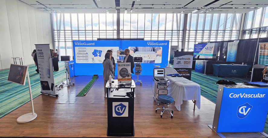 The CorVascular booth at SVU 2026 with VasoGuard, DuplexABI, and ASUS LU800 displays