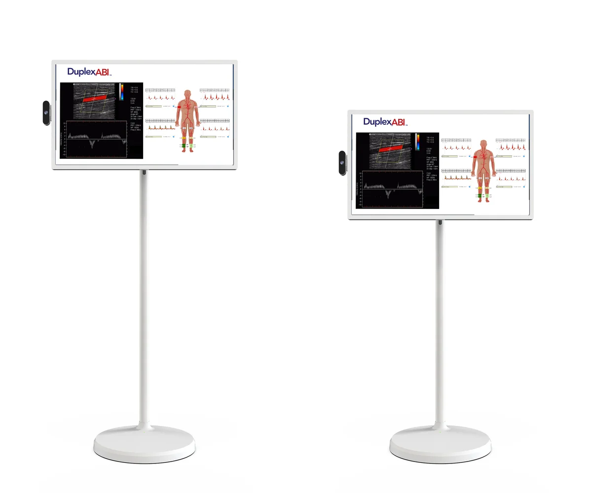 24-inch rolling display shown raised and lowered side by side