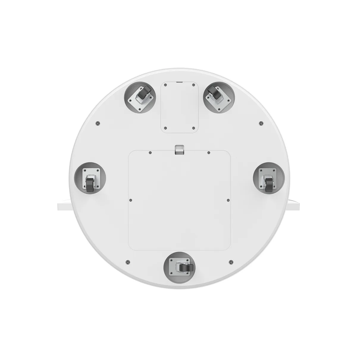 Underside of the round base showing five swivel casters