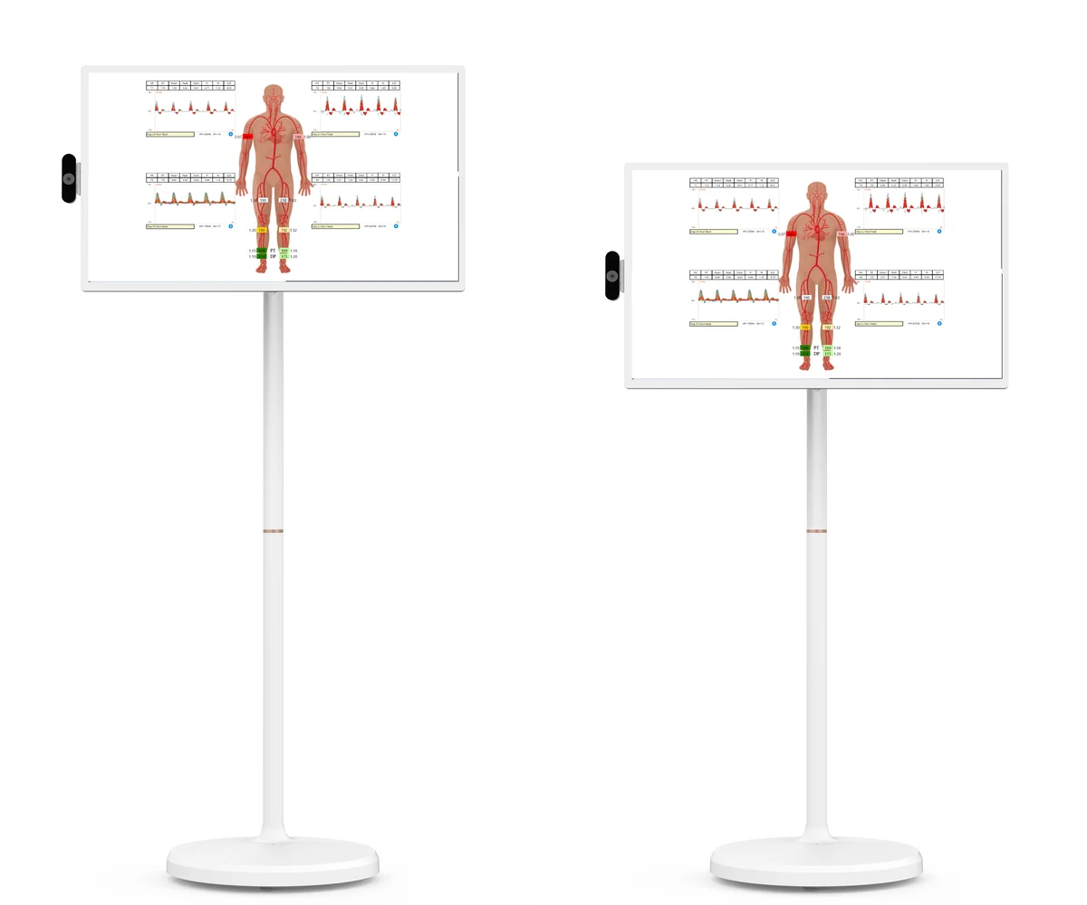 32-inch rolling display shown raised and lowered side by side